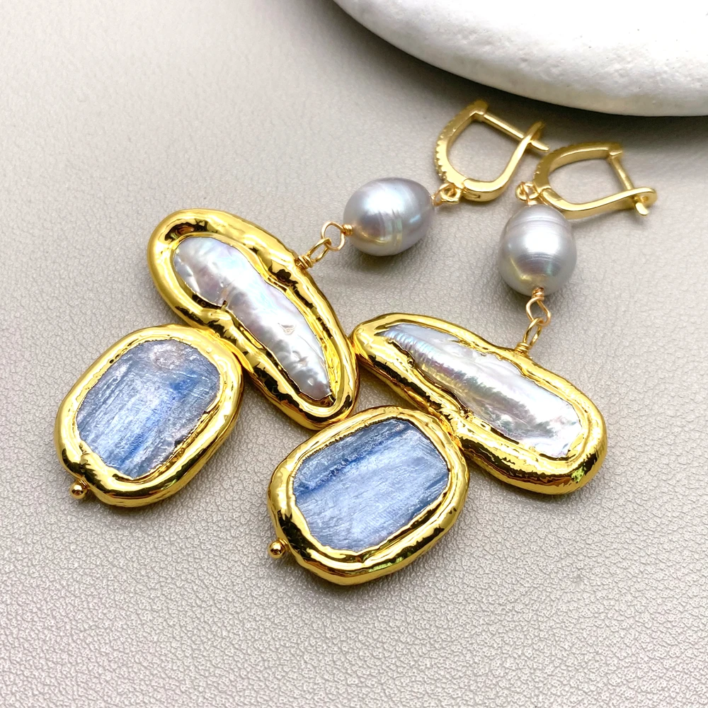 Freshwater Cultured White Biwa Pearl Gray Rice Blue Kyanite Dangle Lever Back Earrings