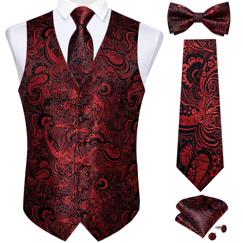 Men Black Paisley Vest Necktie Bowtie Pocket Square Cufflinks Dress Set жилетка мужская Classic 5 PCS Business Waistcoat for Man - Image 24