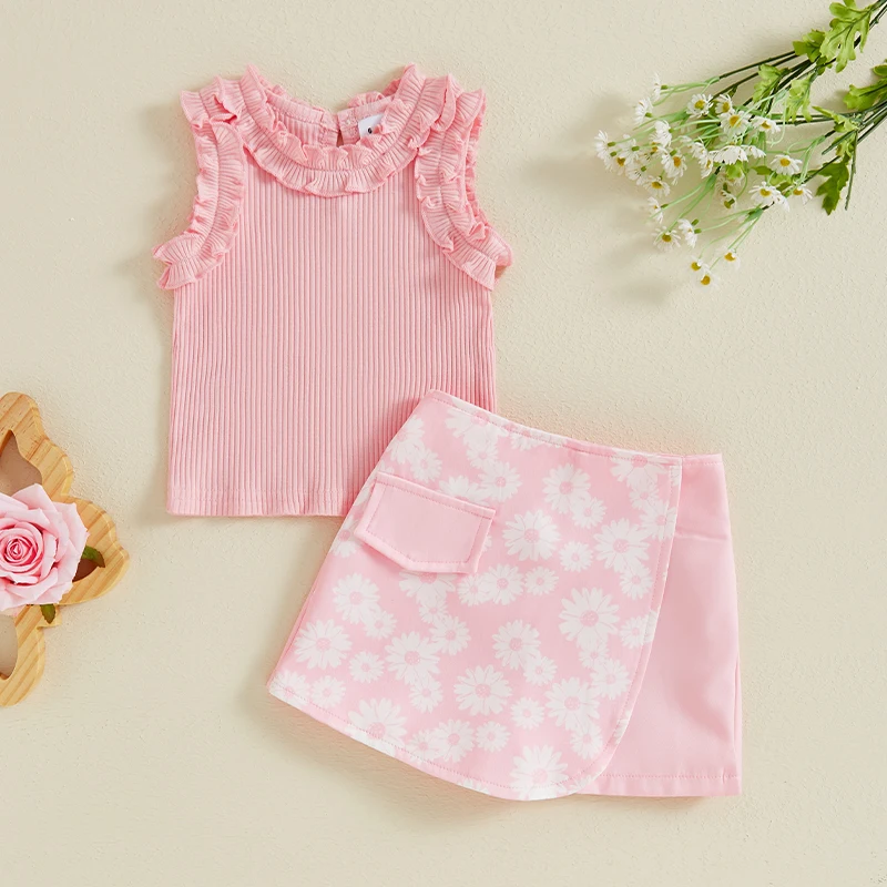 

Toddler Girl Summer Outfit Solid Color Ribbed Frill Ruffled Round Neck Tank Tops with Daisy Pattern Shorts Clothes Set