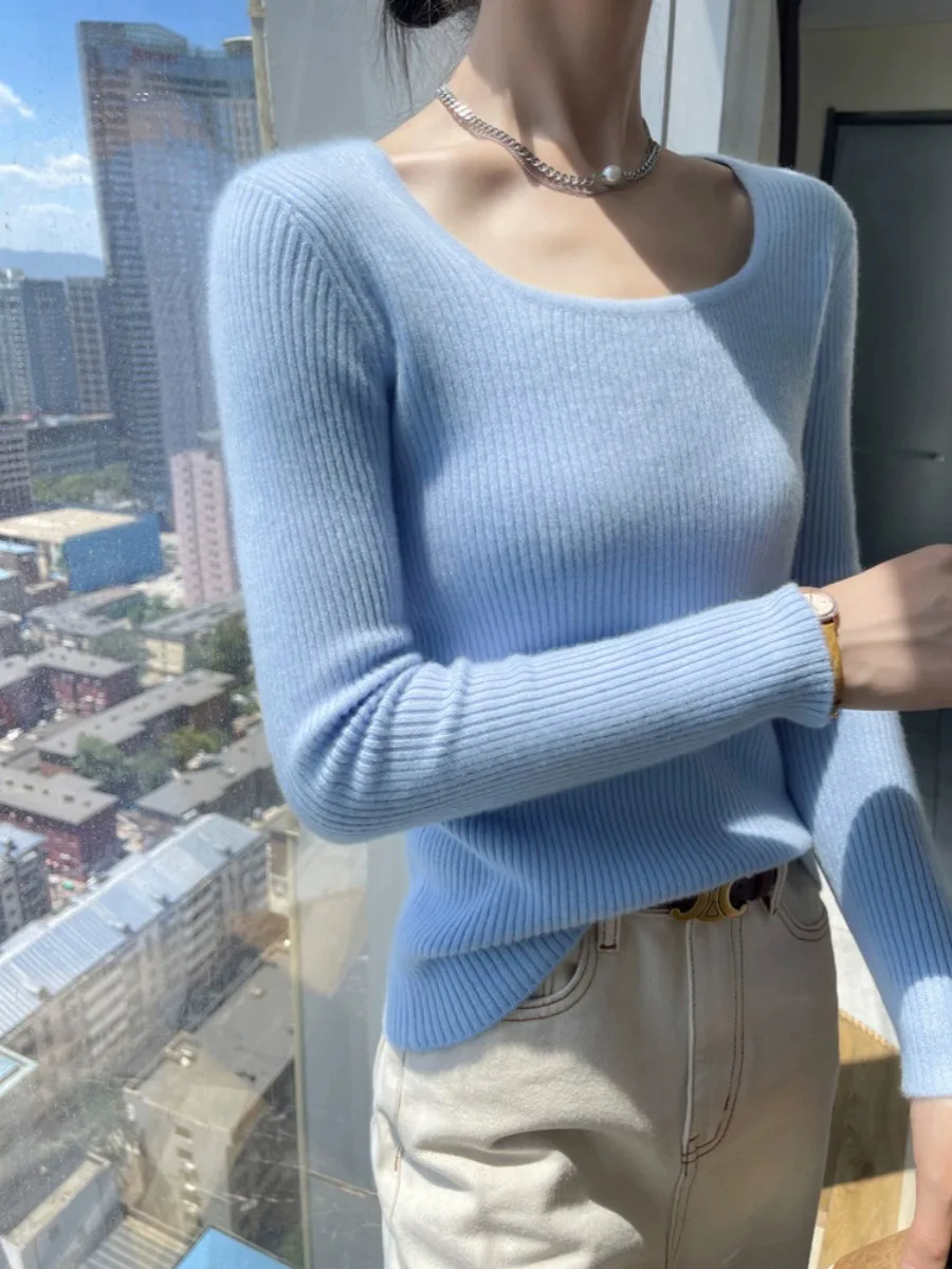 Autumn and winter new 100% wool drawn strip U-neck women's long sleeve sweater solid color slim-fit pullover cashmere knit base