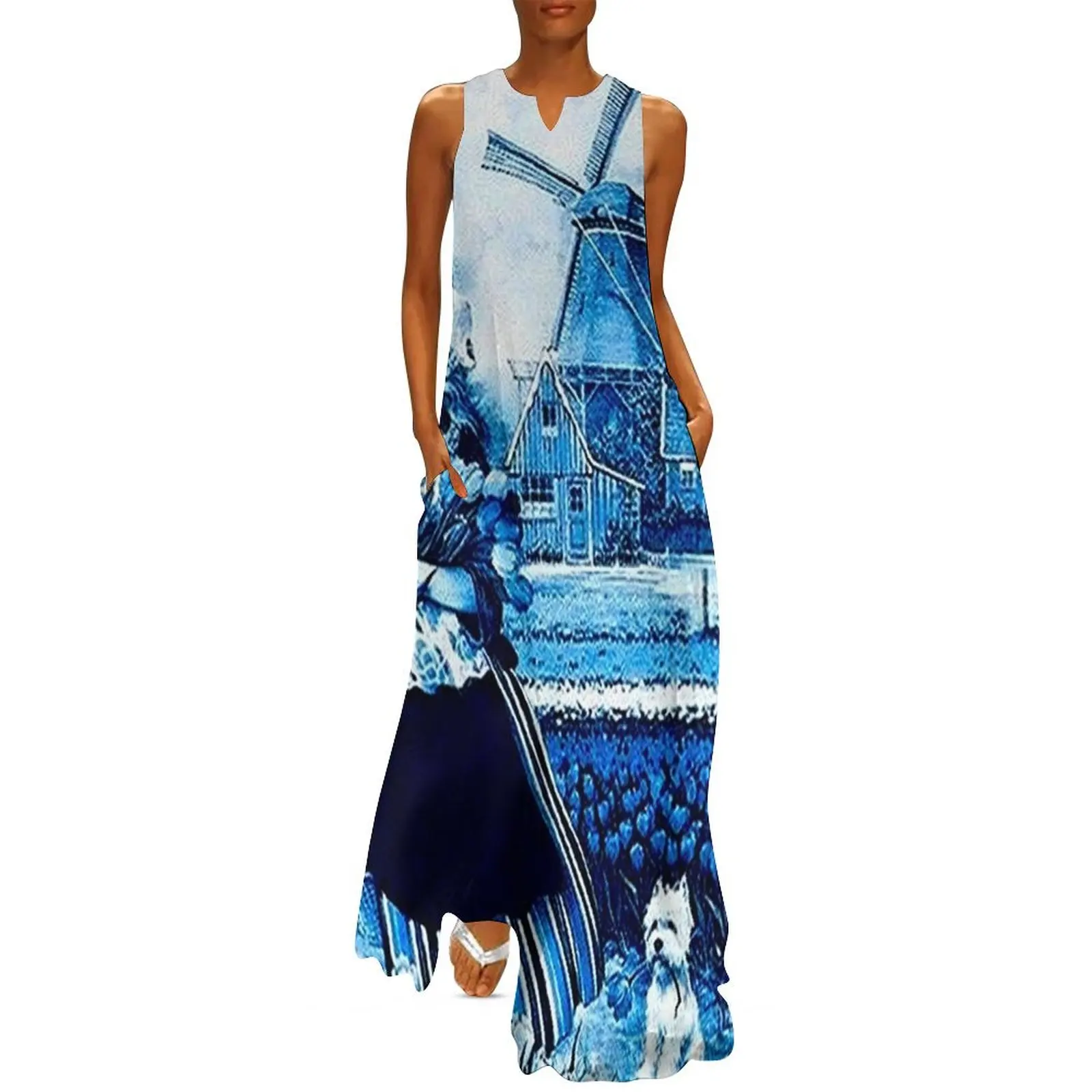 

DUTCH BLUE DELFT : Vintage Windmill, Young Girl, Dog and tulips Print Long Dress dress summer african dresses for woman Dress