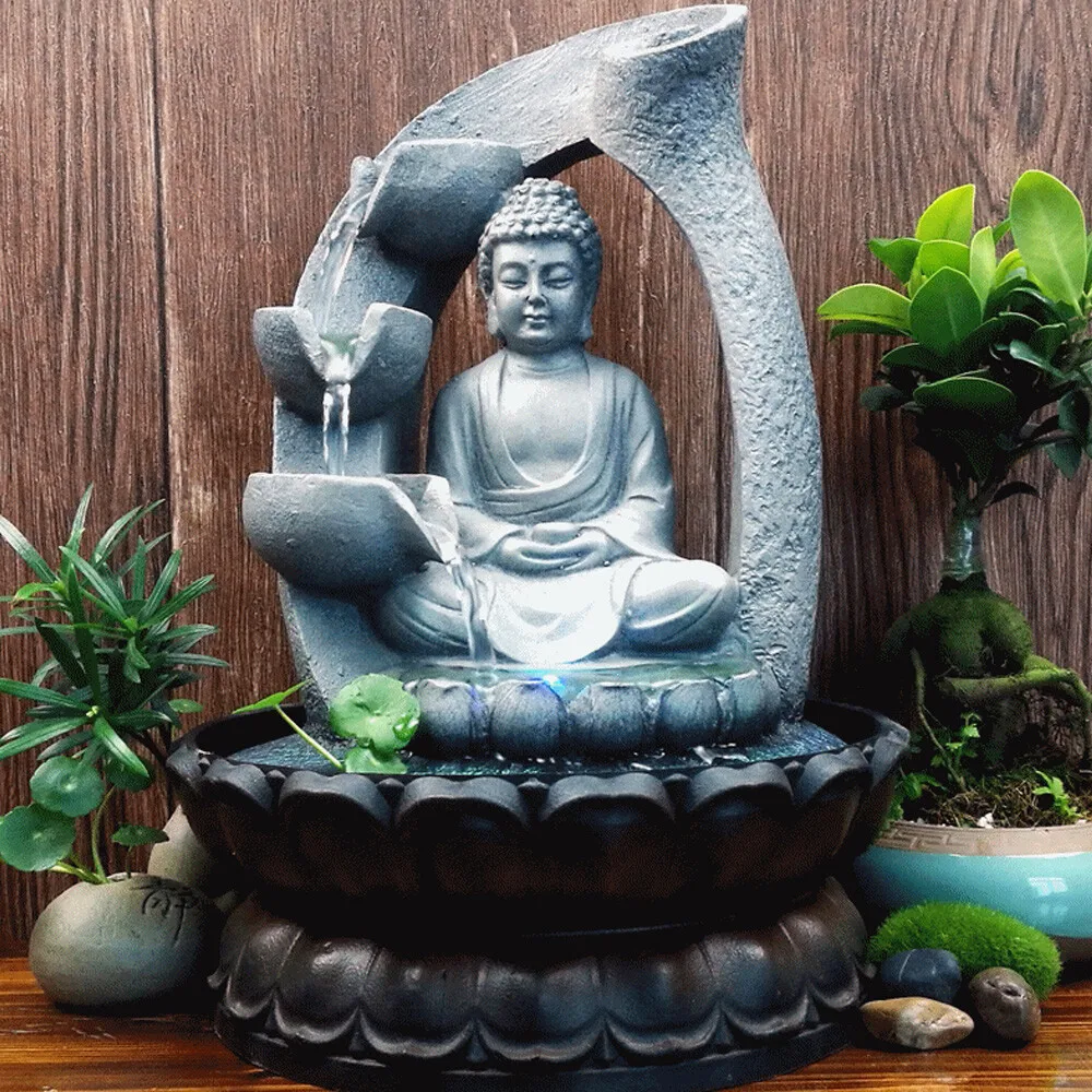 Ornement de fontaine d'eau de bouddha avec lumière LED, Base de Lotus, son relaxant, décor en résine pour la maison, le bureau, les espaces de méditation, le Yoga