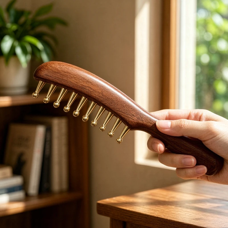 Golden Sandalwood Brass Head Wide Tooth Massage Comb Straight Gua Sha Scalp Meridian Hair Care Home Daily Grooming Use 마사지 빗