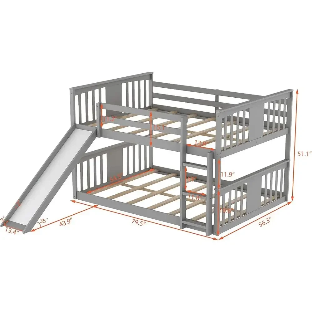 Grey Solid Wood Full Over Full Bunk Bed with Slide and Guard Rail for Kids and Teens