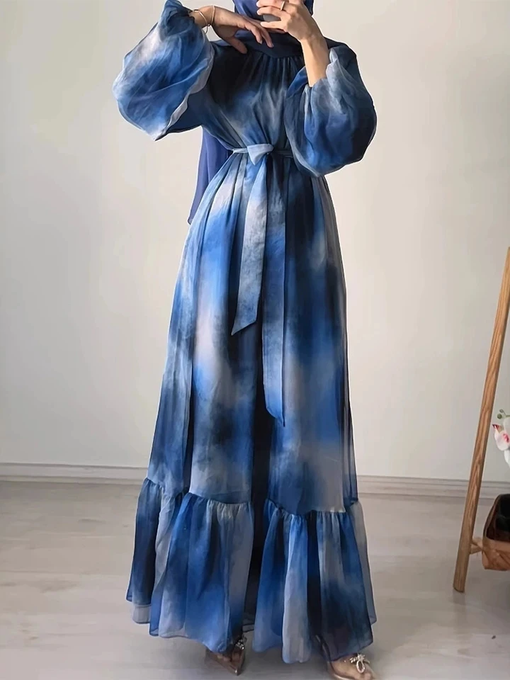 

Spring New Print Lantern Long Sleeve Dress Elegant Lady Loose Pleated Commute Dress Casual O-neck High Waist Lace Chiffon Dress