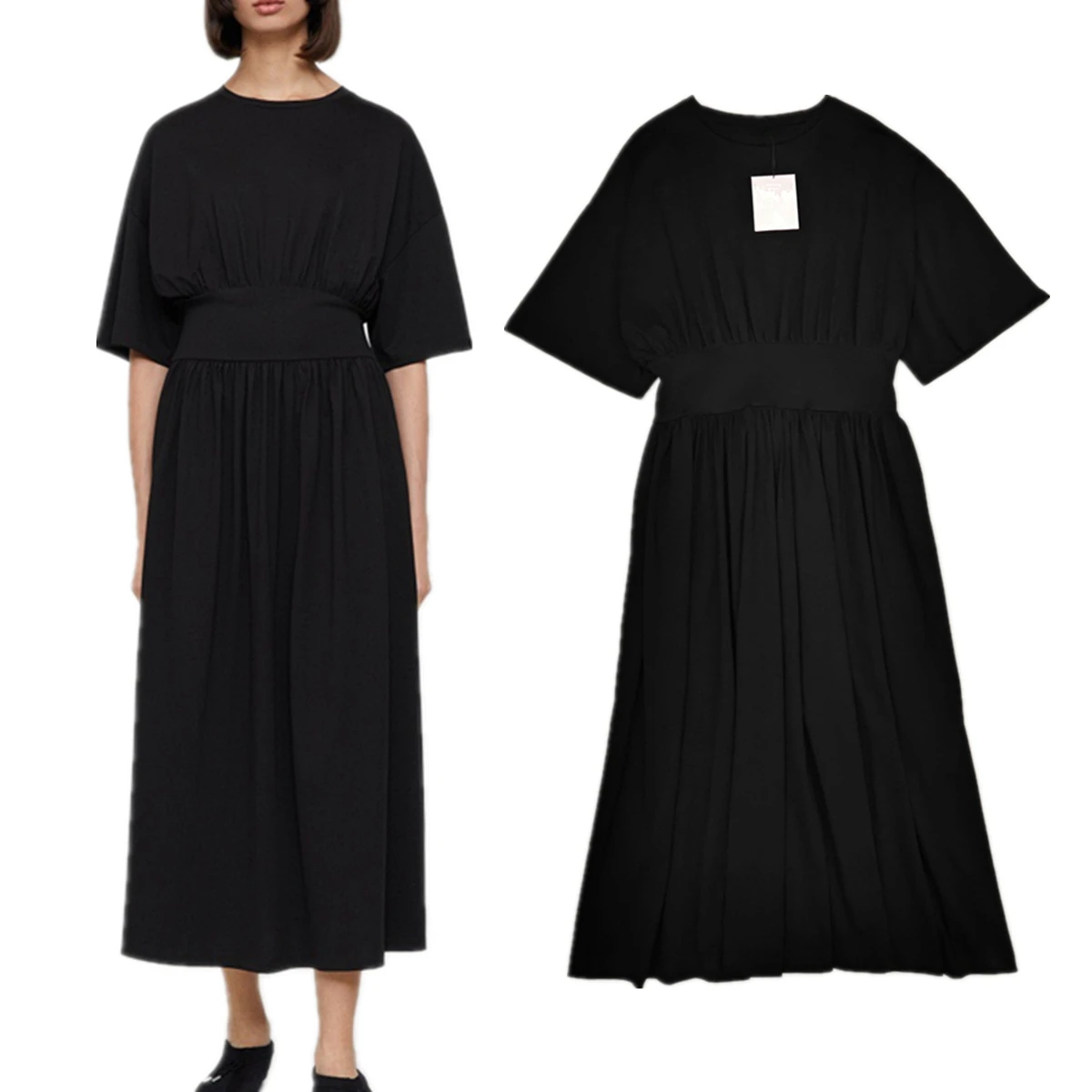 

Maxdutti 2026 Summer Female Clothing Minimalist Pure Cotton Short Sleeved Waist Cinched Casual Dress Commuting A-line Dress