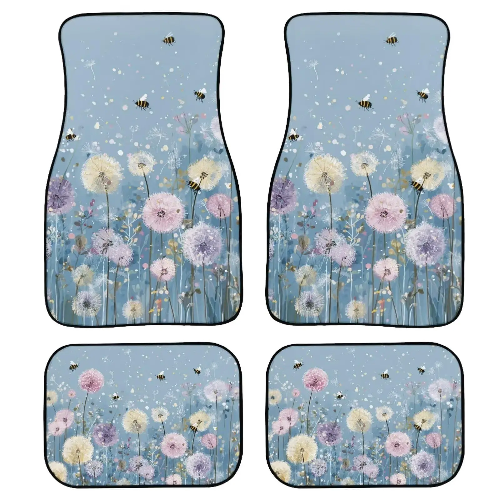 

Blue Floral Dandelion Car Floor Mats 4PC Universal Fit Polyester Rubber Backing
