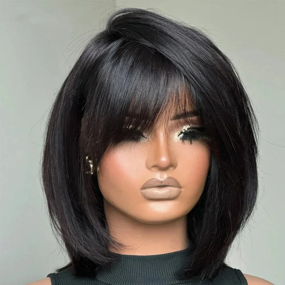 Natural Black Bob Short Straight Lace Front Wig with Bangs 13x4 HD Lace Wig Synthetic Free Part Daily Cosplay Makeup Use
