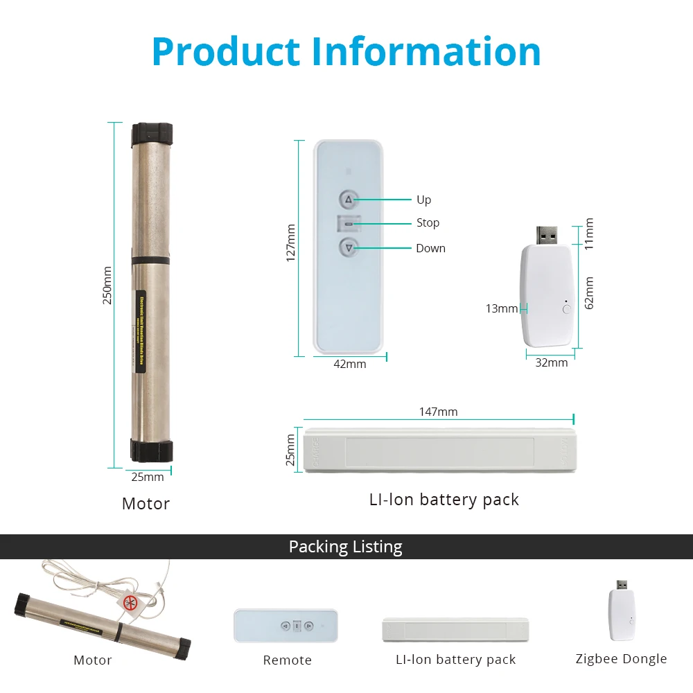 Zemismart-motor de persiana elétrica, motor compatível com zigbee, dongle usb, recarregável, cortina inteligente motorizada, controle rf, tuya, alexa, google home