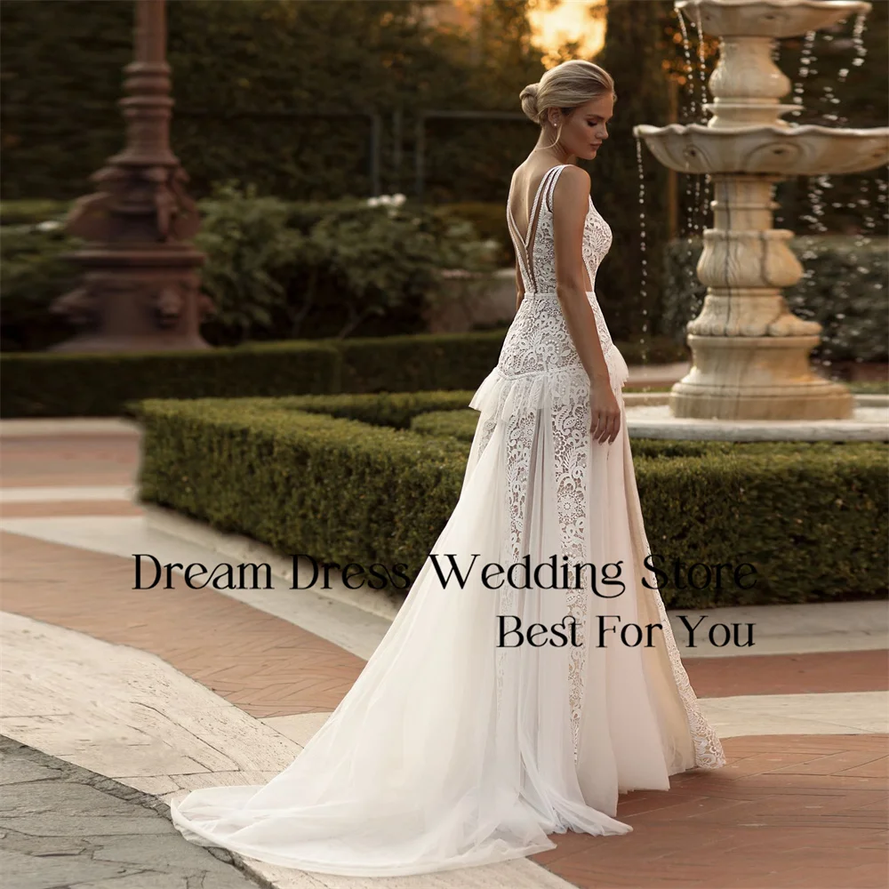 DREAM Boho Deep V-Neck Lace V-Neck Wedding Dresses Spaghetti Straps Open Back Illusion Bridal Gown Vestidos De Noiva Customized