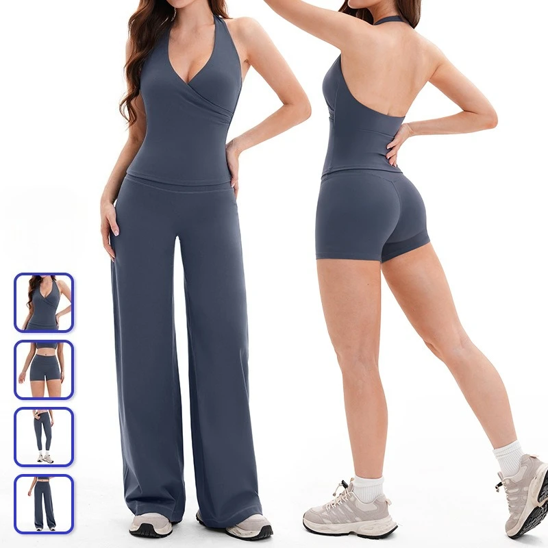 

2PCS Yoga Set Women Gym Clothing Workout Set brushed V-neck vest+Loose straight-leg pants Tracksuit Athletic Fitness Sports Suit