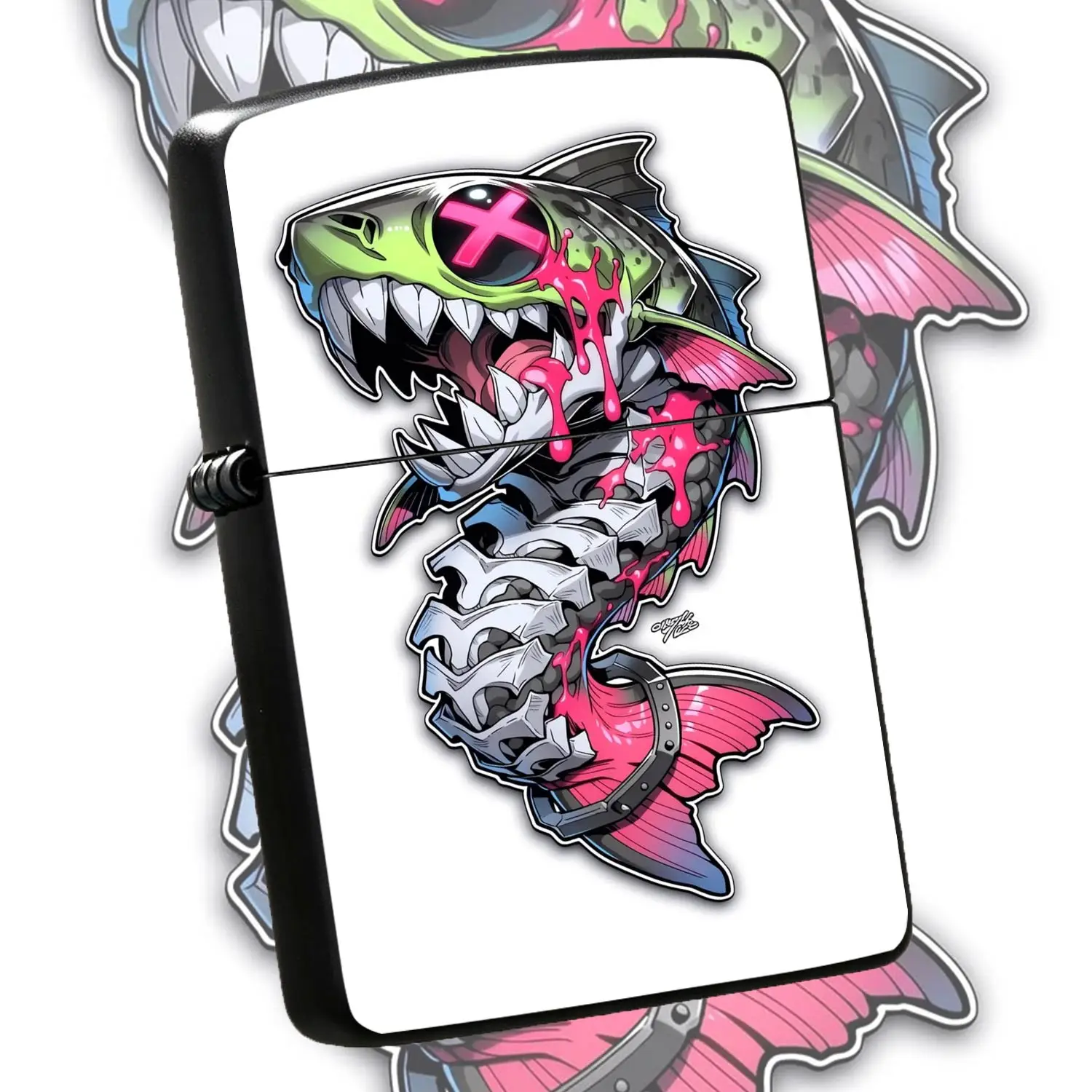 Creative Cyber Style Half Skeleton Mutant Graffiti Shark Lighter, Bright Neon Contrast Color Street Art Decor, Unique Trendy Portable Ornament, Ideal For Daily Carry, Collection, Gifting To Hobbyists, Various Scenarios Like Outdoor Gatherin