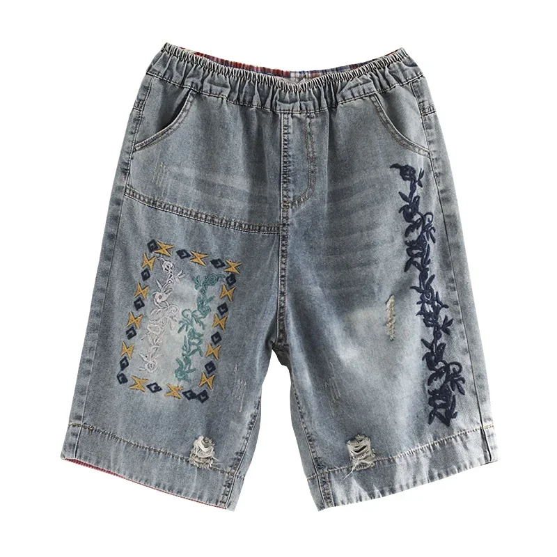 Summer Women Denim Shorts Female Vintage Flowers Embroidery Patch Shorts Woman Elastic Waist Loose Jeans Shorts