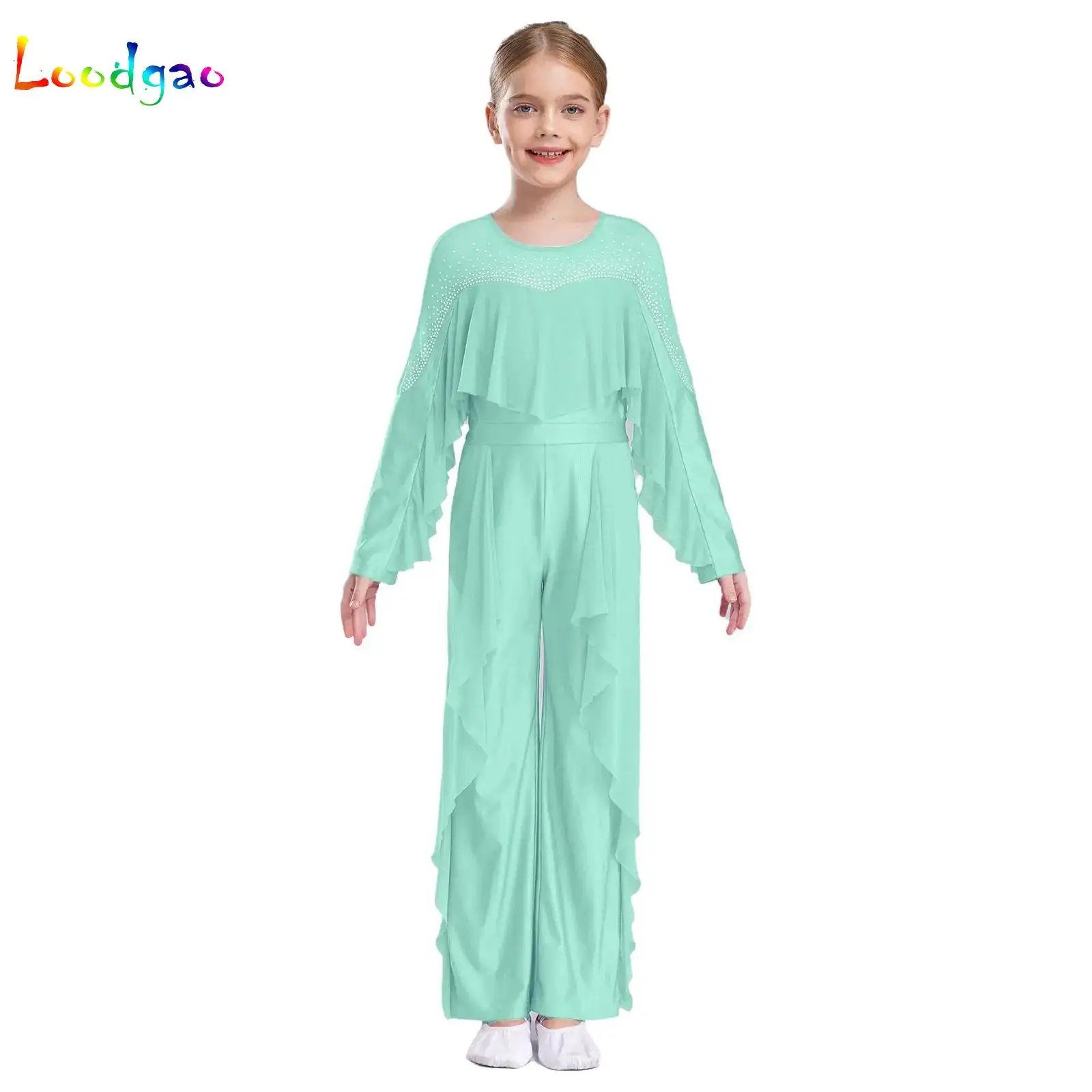 

Kids Girls Ruffled Party Full Bodysuit Long Sleeve Rompers Jumpsuit for Ballet Jazz Modern Lyrical Ballroom Dance Performance
