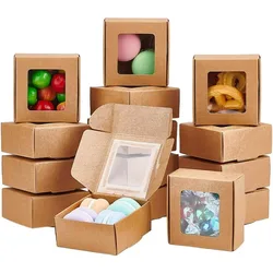 30 Packs 2.5x2.5x1.2 Square Brown Kraft Paper Boxes Gift Candy Boxes with Clear Window for Wedding Party Favor Treats, Bakery
