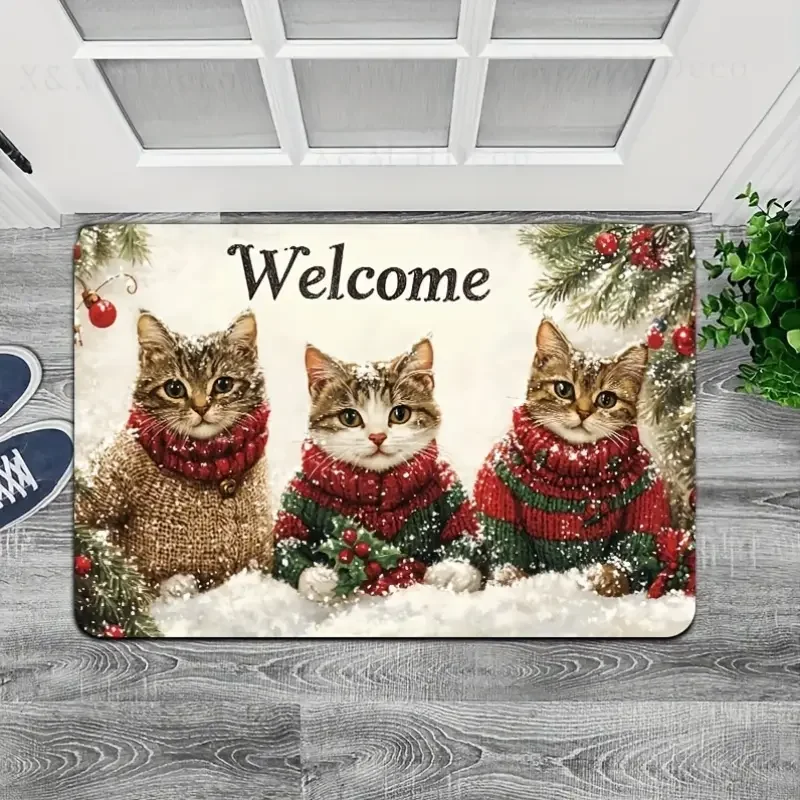 VIKAMA 3-katten kerst antislip deurmat - polyester PVC achterkant wasbaar tapijt, feestelijke woondecoratie in meerdere kamers