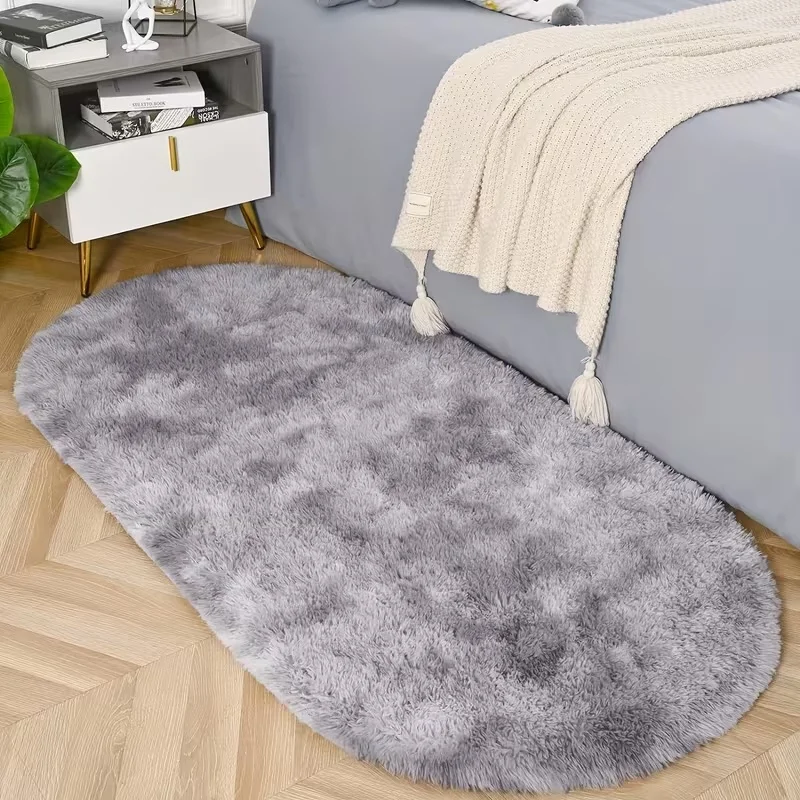 VIKAMA Tie-Dye Oval Long Plush Carpet Living Room Sofa Coffee Table Mat Soft Children's Bedroom Bedside Rug Home Decor