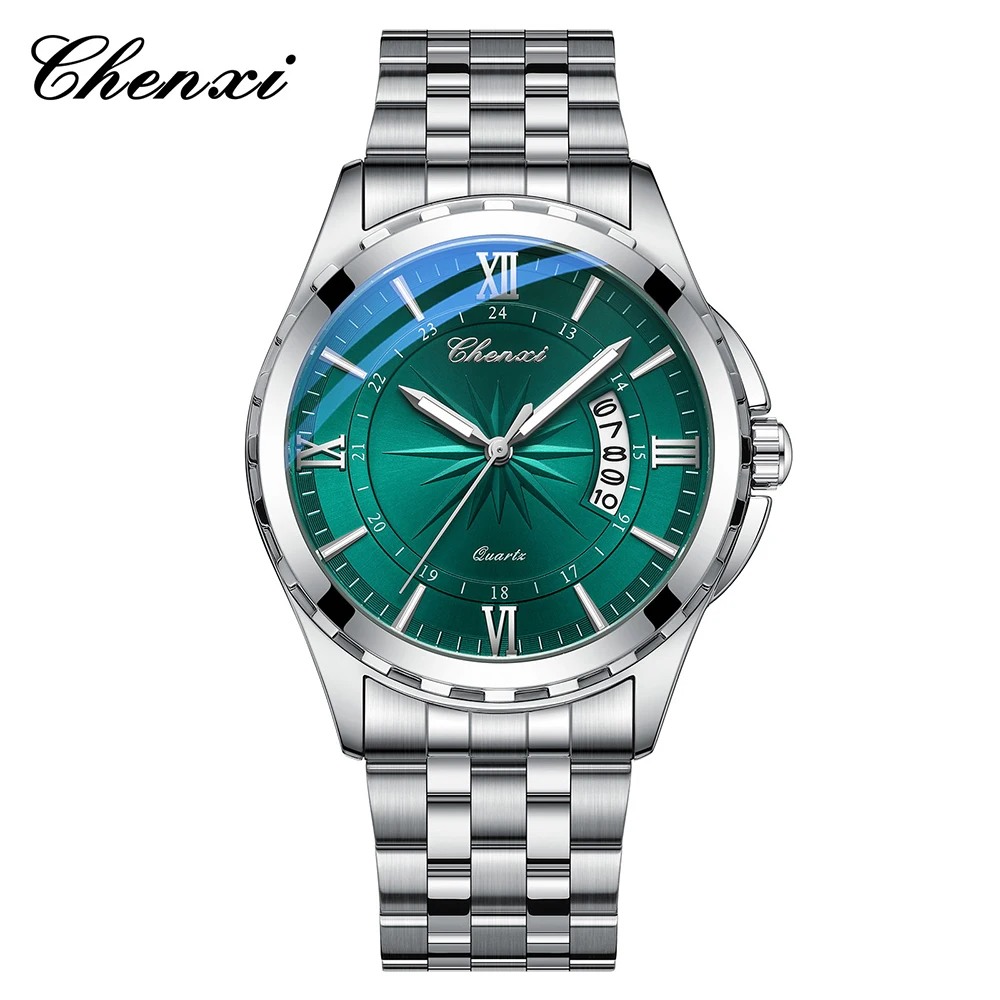 CHENXI Silver Business Man Watch Luminous Round Dial Men's Wristwatch Calendar Display Stainless Steel Band Men Watches