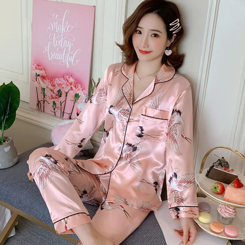 Women Silk Satin Pajamas Set Flower Print Sleepwear Suit Autumn Long Sleeves Pijama V-neck Lady Homewear Clothes Loungewear XXXL