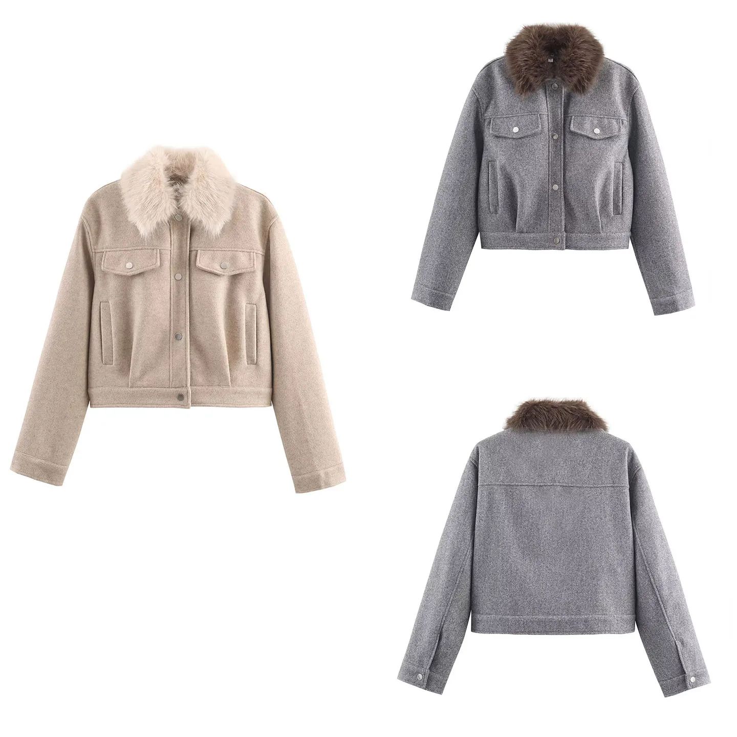 

Faionable Simple Two-Tone Jaet Coat with Fur Collar for Women Autumn 2025 Stand Fit Long Sve Button Closure