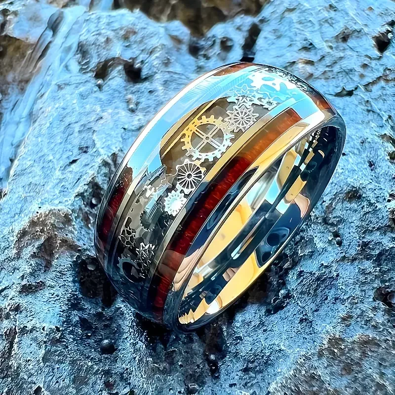 10mm Stainless Steel Retro Punk Style Ring with Inlaid Machine Gear Design, Dome Polished Unisex Jewelry for Men & Women - Daily