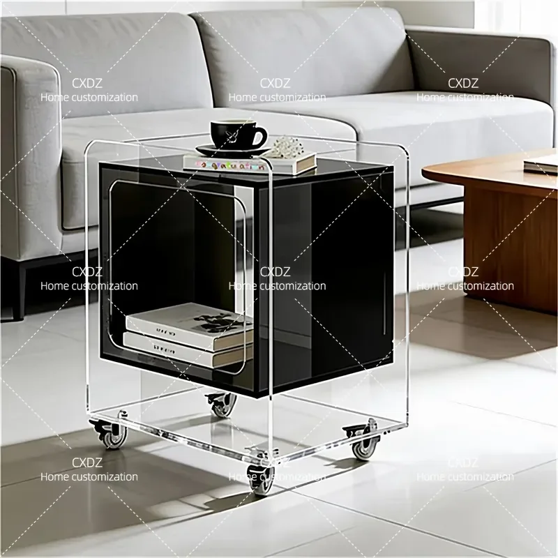 Acrylic Removable Bedside Table with Wheels Square Locker Modern Simple Storage Cabinet Transparent Shelf
