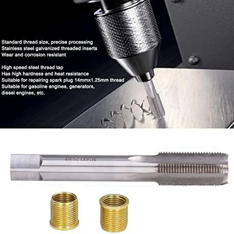 Spark Plug Thread Repair Tools, High Speed Steel Tap Spark Plug with M14X1.25 Inserts and M16X1.25 Tap Kit-A73M