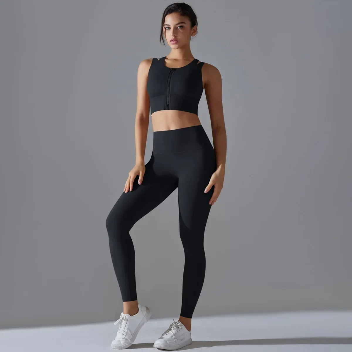 Seamless Yoga Sets Sports Fitness Hip-lifting Skinny Zipper Vest Pants Suit Running Workout Gym Leggings Sportswear for Women