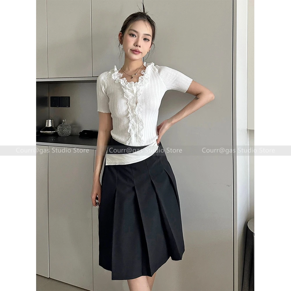 

2024 Spring and summer new college style slant side turn waist pleated umbrella skirt splicing asymmetric half-body skirt