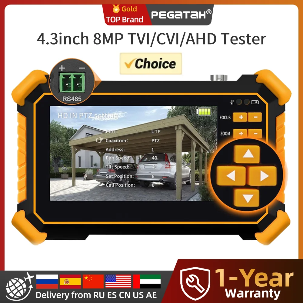 

PEGATAH 8MP 4.3 Inch HD Video Tester for TVI/CVI/AHD/CVBS PTZ Control Auto-Detect LED Light Portable CCTV Installer Tool Tester