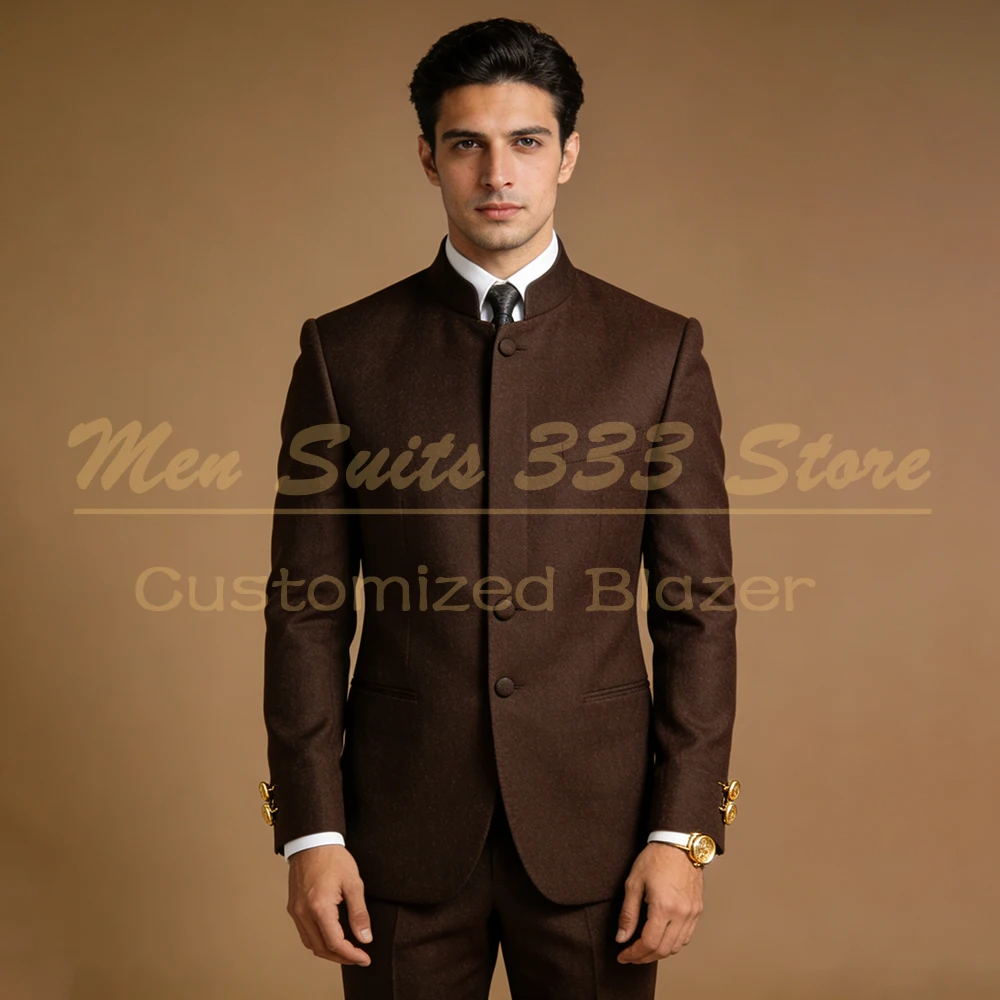 Customized Men's Suits Brown Single Breastde Nehru Blazer Formal Wedding 2 Piece Jacket Pants For Wedding Groom Clothing