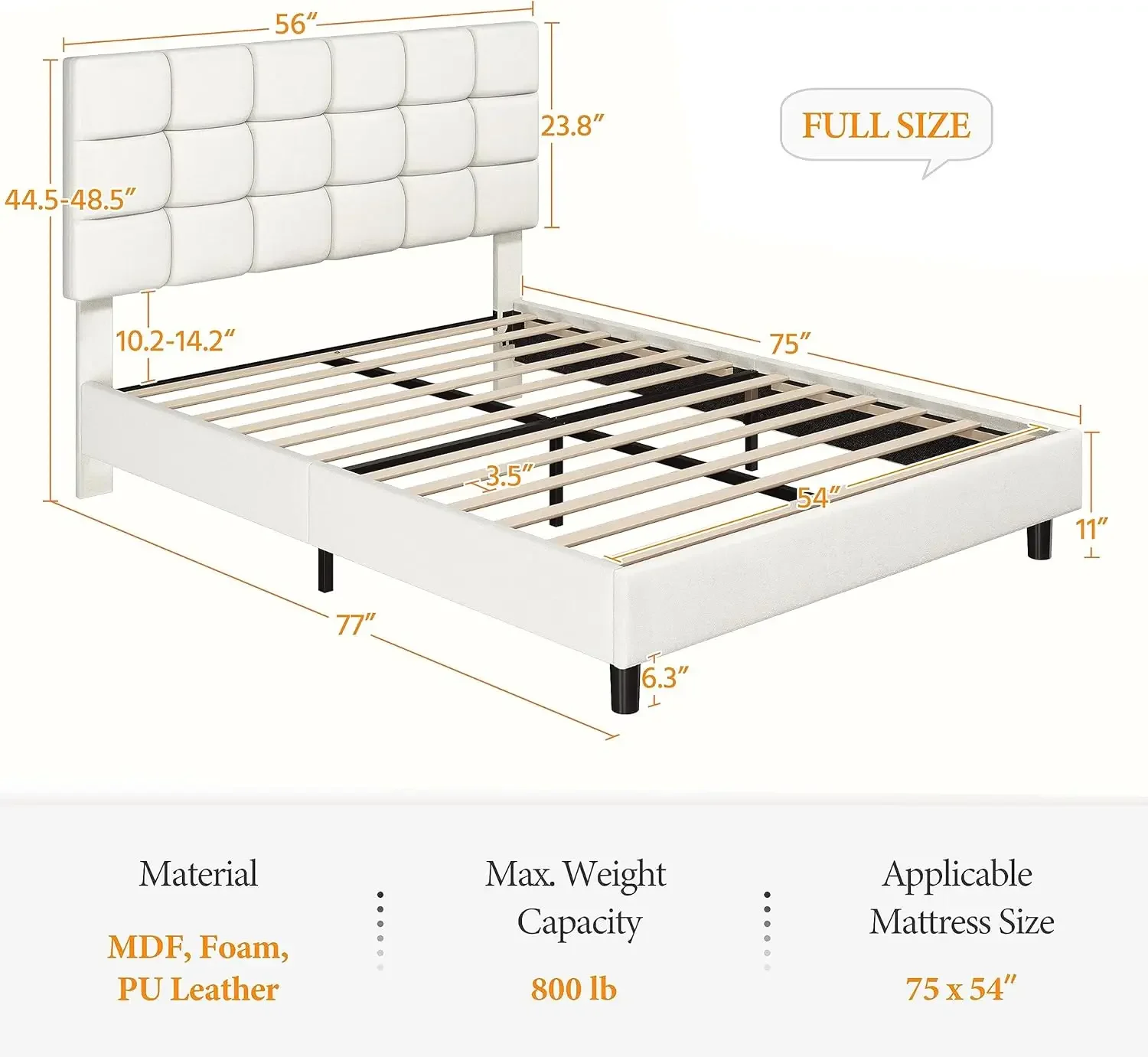 Full Upholstered Bed Frame, Platform Bed Frame with Square Tufted Fabric Headboard Height Adjustable, Wooden Slats Support, No B