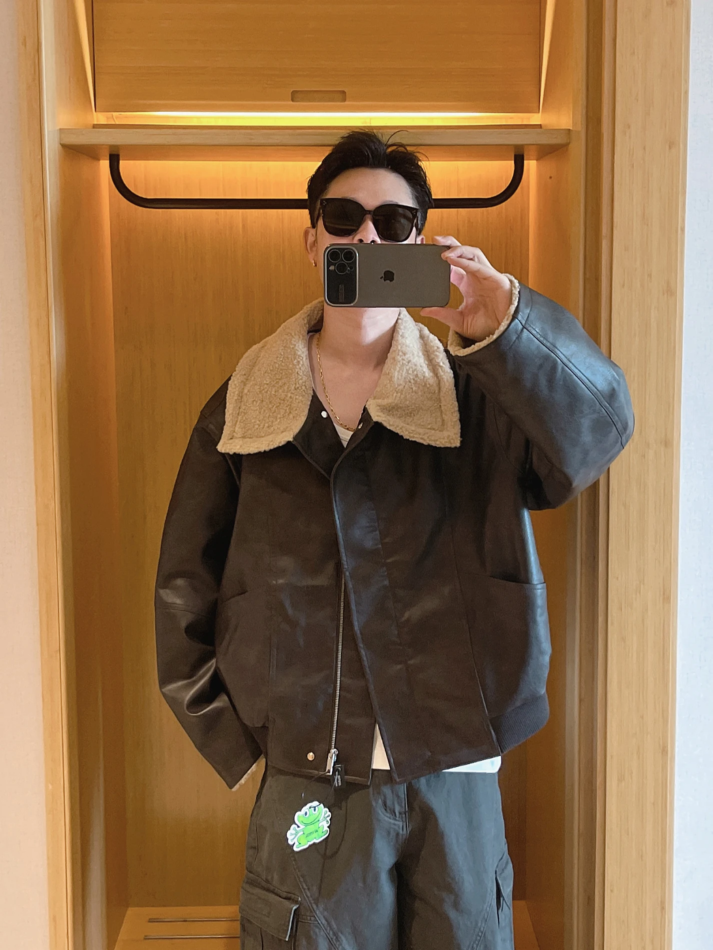 

American Sle Lamb Fur Collar PU Leather Jaet Cotton Outerwear Men's Winter New Arrival Casual Faion Long Sve Coat