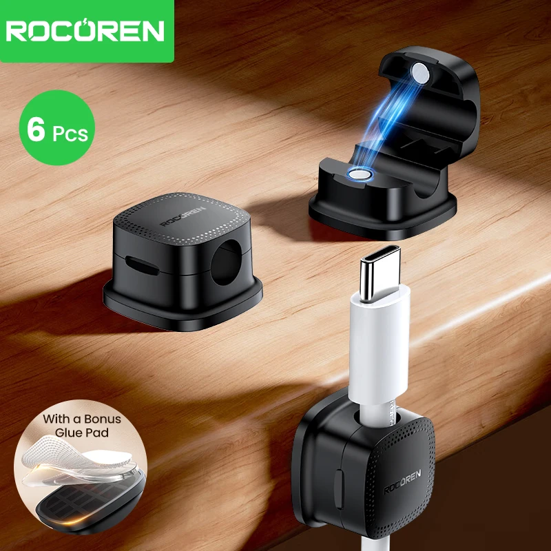 Rocoren Magnetic Cable Organizer Smooth ปรับสายผู้ถือภายใต้โต๊ะ 6PCS Stable CABLE Management Wire Keeper คลิปสายเคเบิล