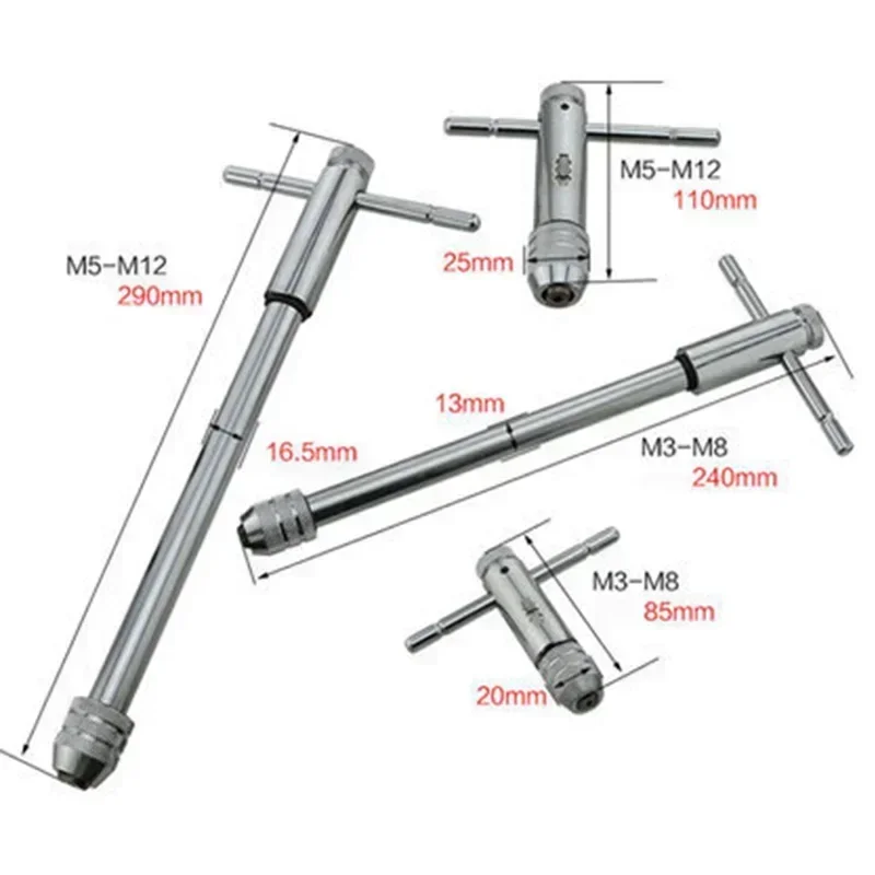 Adjustable M3-8 M5-12 T-Handle Ratchet Tap Wrench Tap Screw Holder Male Thread Metric Plug Mechanical Workshop Tools Hand Tool