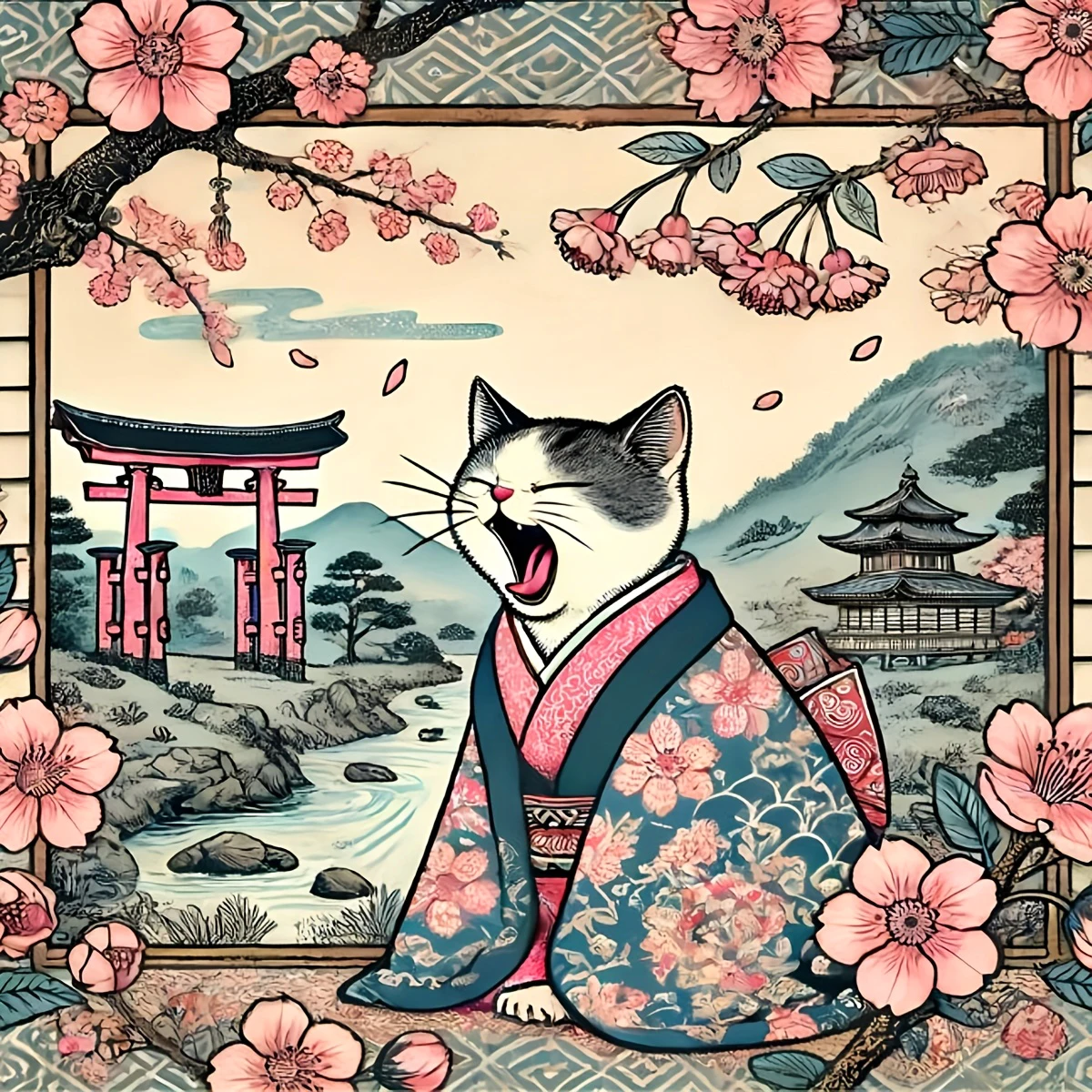 Peinture à l'huile sur toile avec chat et fleurs de cerisier, décoration murale pour salon, chambre à coucher, cadeau artisanal, sans cadre