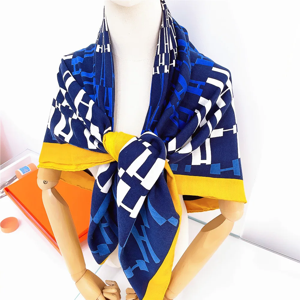 Silk Cashmere Scarf Women Hand Rolled Shawls H Letters Print Square Scarves Wraps Lady Bandana Big Hijabs Female Foulards