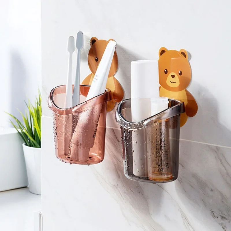 2pcs Cartoon Bear Hole-Free Wall-Mounted Storage Cup Toothpaste Organizer Bathroom Brush Holder Toothbrush Rack