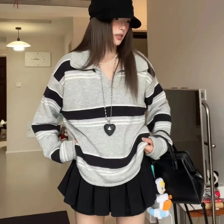 Damesgebreide kleding Herfst 2025, Dongda Gate Retro Lazy Sle Veelzijdig Faionable High-End Feel Gestreepte top met kraag Lang Sve