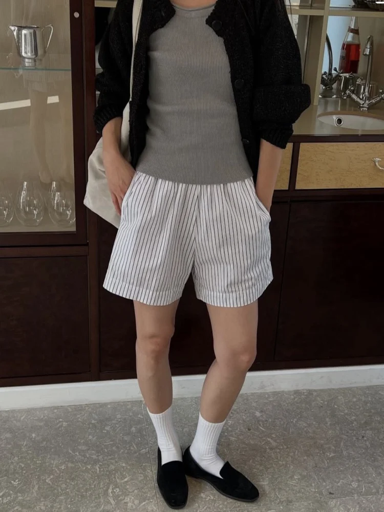 Pantaloni ort a gamba dritta in vita elastica a vita alta a righe in cotone allentato casual estivo Pantaloni coreani Sle Commute Faion