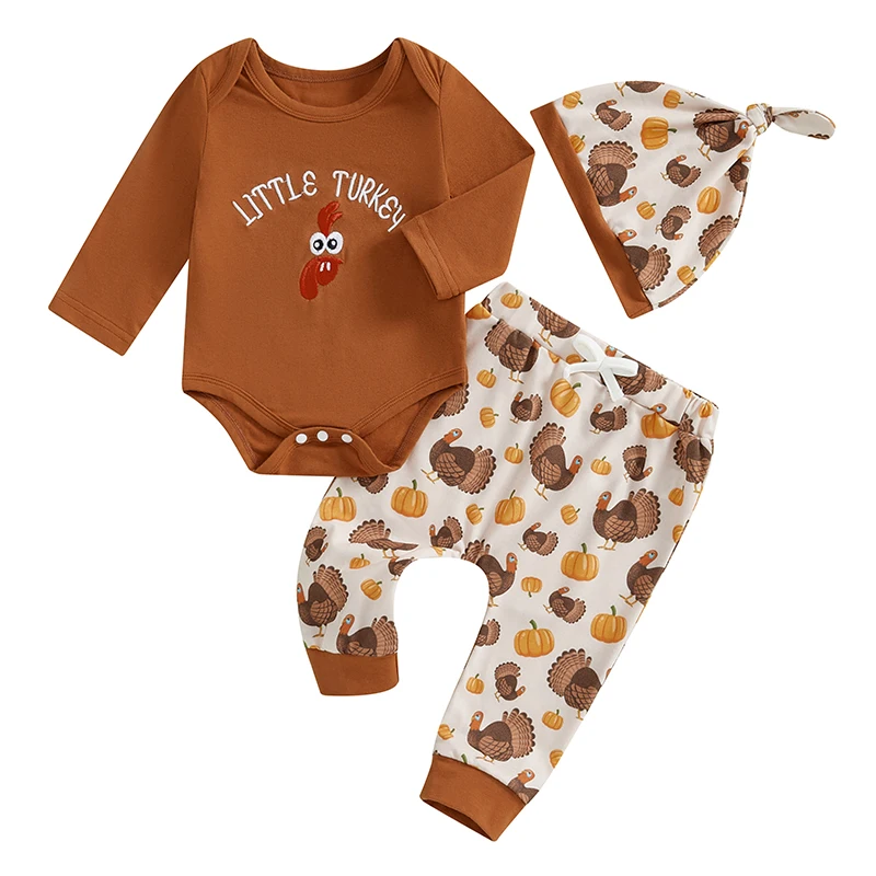 

Baby Boy Girl Thanksgiving Outfit Turkey Embroidery Long Sleeve Romper Pumpkin Print Pants Hat 3 Piece Set for Fall