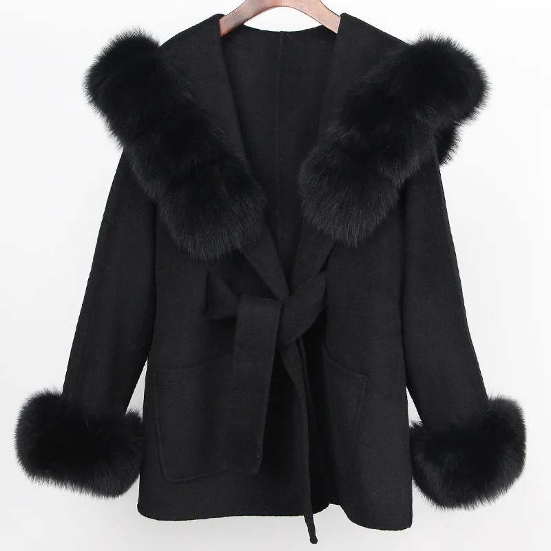 Winter Women Wool Jacket Lace-up Coat Cuffs Removable Fox Fur Female High Quality Double-sided Cashmere Woolen Coat