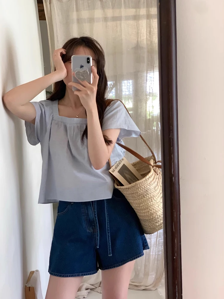 한국 스타일 하이웨이스트 데님 반바지 여성 여름 2024 신상 레그 레이싱 루즈핏 와이드 레그 A라인 벨티드 숏 팬츠