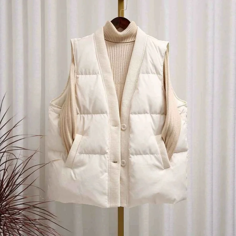 New Winter Women V Neck Oversize Down Waistcoat Coat Thick White Duck Down Vest Jacket Parkas Female Warm Short Sleeveless Tank