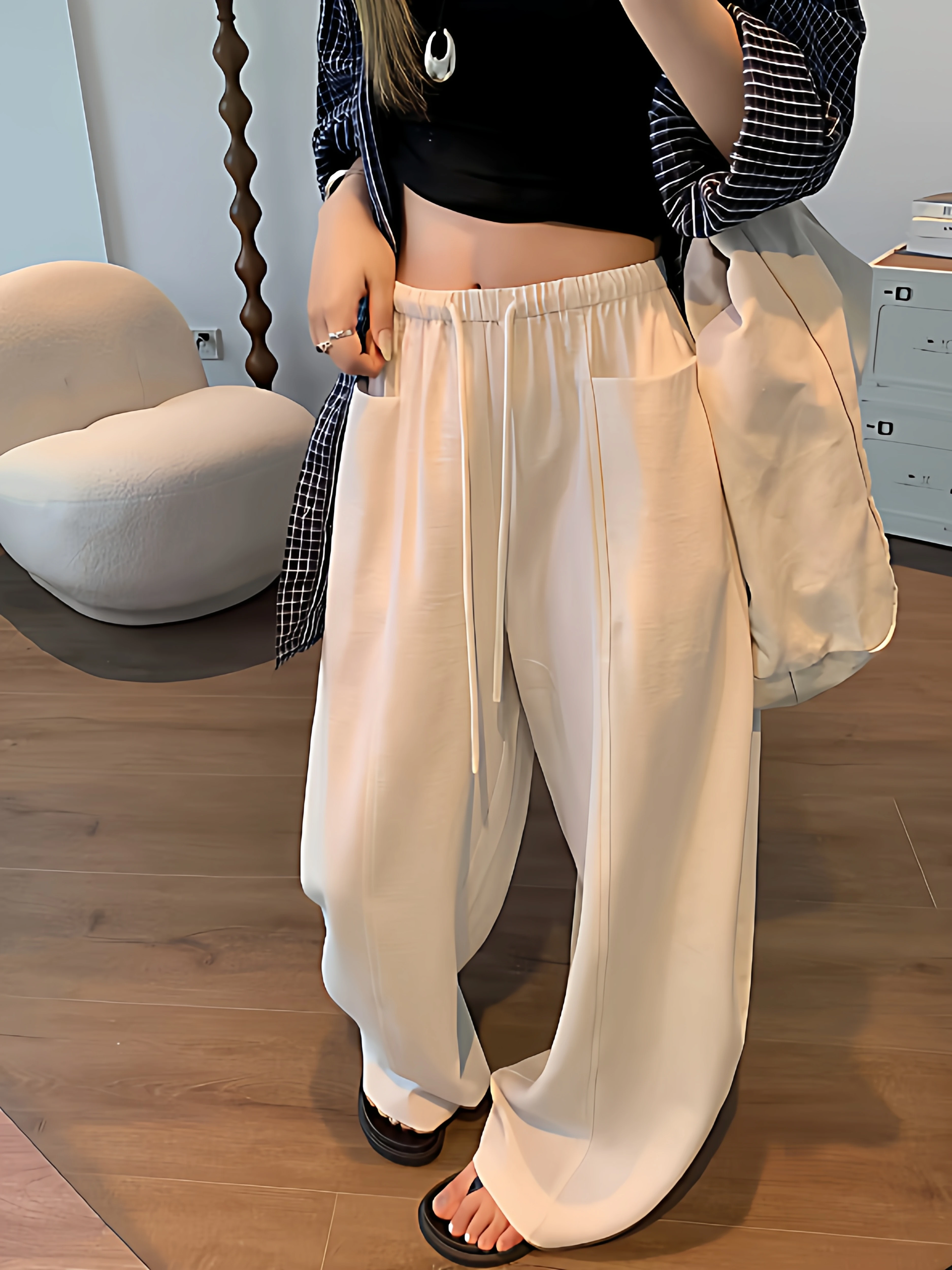 

White Linen Cotton Wide Leg Pants Women Summer Thin Casual High Waist Straight Tube Skirt Style Trousers Comfortable Breathable