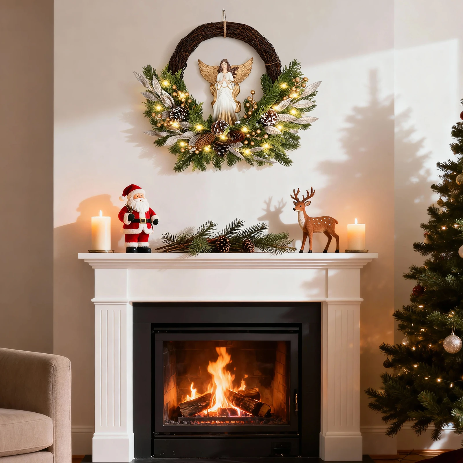 

24 Inch Christmas Wreath for Front Door Decorations, Outdoor Holiday Wreath with Angel and Pinecones, Xmas Decor for Front Porch