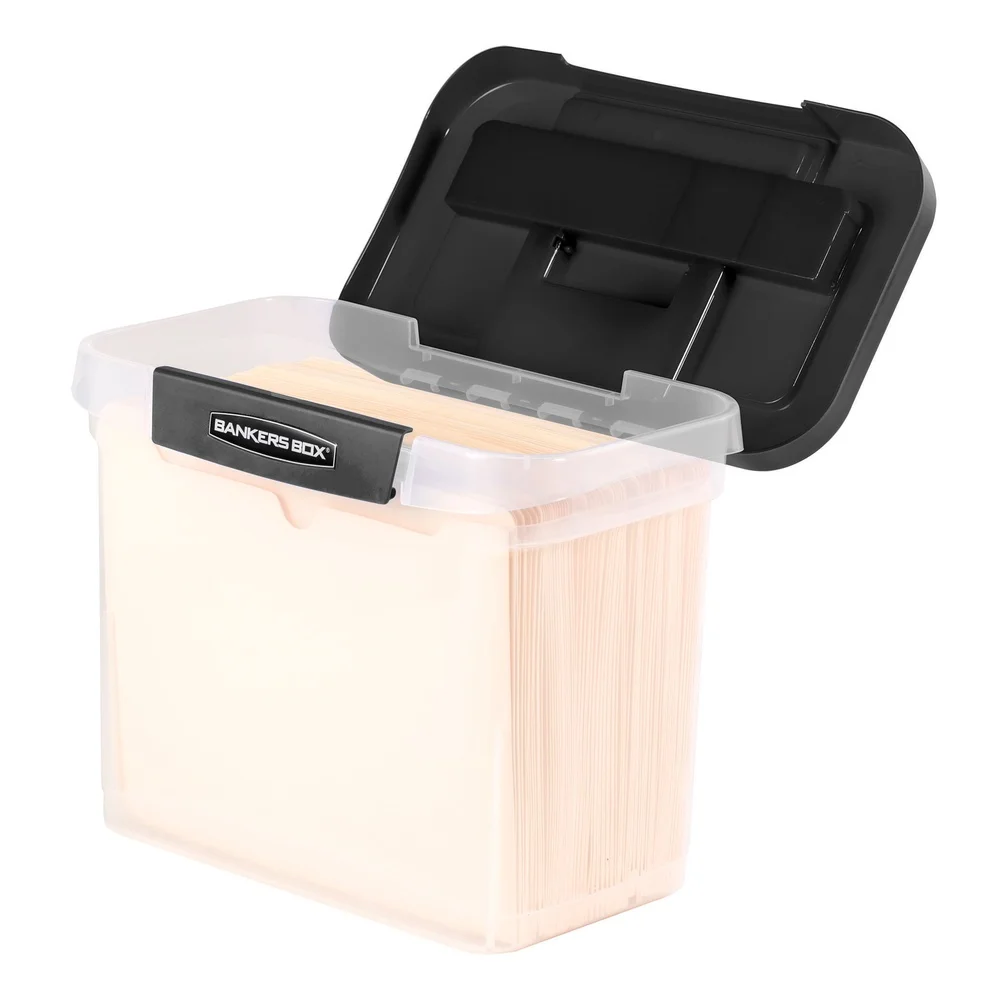 Durable Plastic Letter Size File Organizer Portable Stackable Storage Box with Locking Lid Hanging Rails and Comfortable Handles