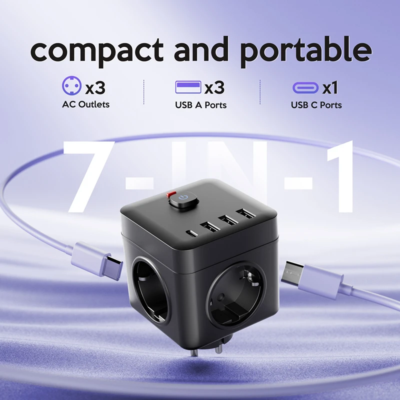 7-in-1 EU Power Strip Power Strip Surge Protector 3 AC Outlets 3 USB 1 Type-C  Desktop Charging Station With Overload Protecti