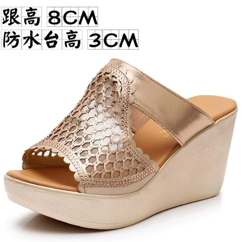 Summer Rhinestone Wedges Heel Women Slippers Platform Peep Toe Height Increasing Slides  Sexy Ladies Shoes Zapatos De Mujer