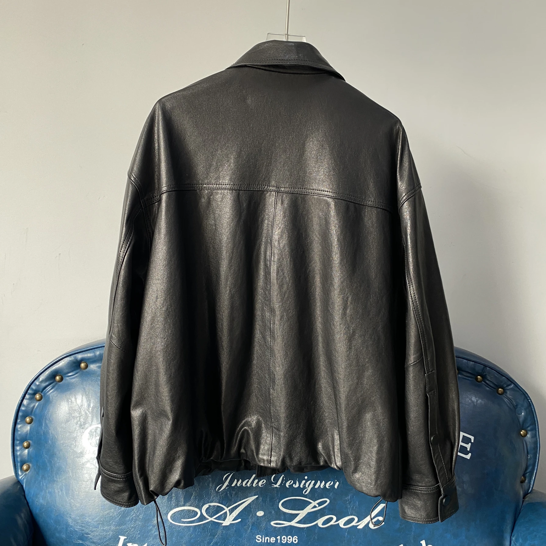 Damska kurtka skórzana na wiosnę i jesień, długa, z naturalnej skóry, codzienna, luźna, wyszczuplająca, ze stójką, ocieplana, ze skóry bydlęcej.